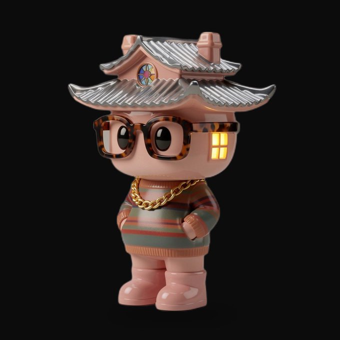 A 3D render of a small figurine featuring an East Asian-style pagoda roof on its head, wearing tortoiseshell glasses, a gold chain, and a striped sweater.