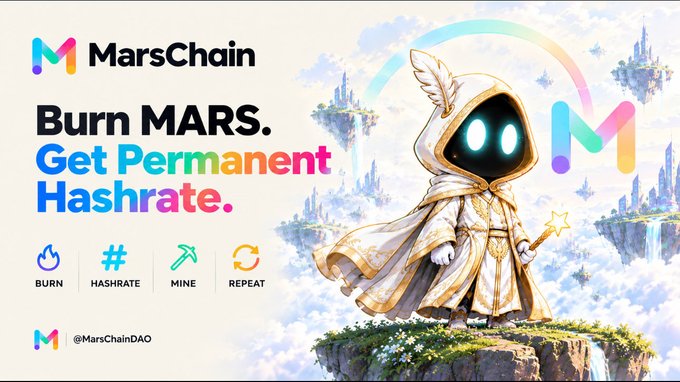 A hooded figure stands on a floating island surrounded by castles and rainbows, promoting "MarsChain" with the tagline "Burn MARS. Get Permanent Hashrate." The image visually reinforces the post's message by showcasing the four-step process—BURN, HASHRATE, MINE, REPEAT—while the ethereal, fantasy-inspired design reflects the creator's emphasis on aesthetics over slogans, tying together the burn-and-mine mechanics described.