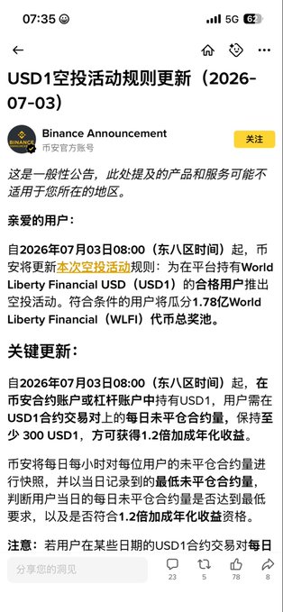 A Binance Announcement in Chinese titled 'USD1空投活动规则更新 (2026-07-03)' detailing an airdrop event for World Liberty Financial USD (USD1) holders starting July 3, 2026, with users needing at least 300 USD1 in spot or leveraged accounts to qualify for a share of 1.78 billion WLFI tokens.