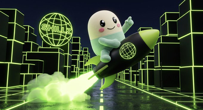 A 3D rendering of a small, pill-shaped character with a smiling face riding a black and green rocket through a neon-green wireframe city, with a logo reading "SHILLZ" in the background.