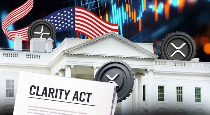 The image depicts the White House beneath a waving American flag and cryptocurrency chart, overlaid with XRP coin graphics and a document labeled "CLARITY Act," symbolizing the upcoming House Financial Services Committee hearing on U.S. crypto market structure legislation.