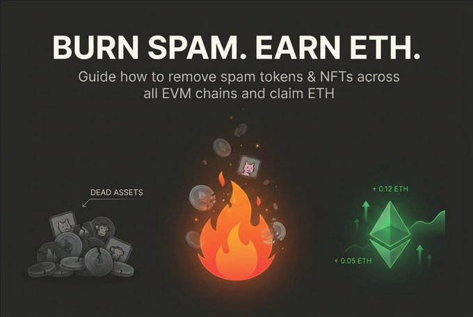 The image features a black background with three different elements related to cryptocurrency, including a fire, a pile of coins, and a green triangle symbolizing an EVM chain. The text above the image reads "Burn Spam. Earn Eth." which suggests that the image is promoting the idea of removing spam tokens from the Ethereum blockchain in order to earn ethically.