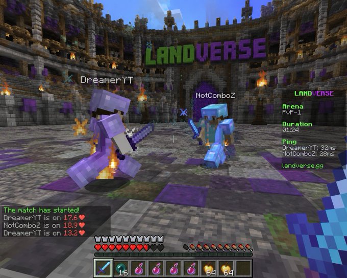 The image shows two players engaged in a video game battle within an arena setting. One player is holding a sword while the other has a shield. The scene takes place in a Minecraft-like environment with purple buildings, giving it a unique and creative atmosphere. A banner reading "LANDVERSE" can be seen above them, indicating that they are playing in a Landverse game. There's also an item on the ground near one of the players, possibly related to their gaming experience or equipment.