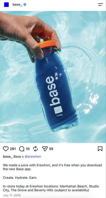 An Instagram post from base_ advertising a blue "base" branded bottle being held in water, with text: "base_ x @erewhon We made a juice with Erewhon, and it's free when you download the new Base app. Create. Hydrate. Earn."