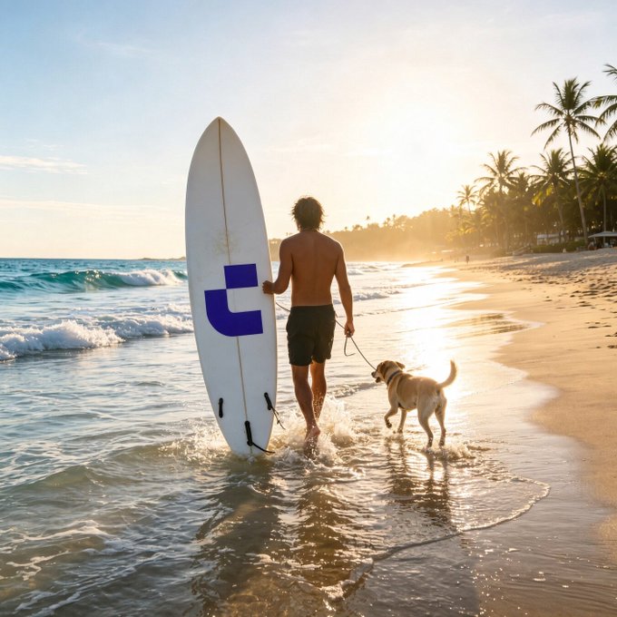 A shirtless man carrying a white surfboard walks along a beach at sunset, accompanied by a golden retriever dog, with palm trees visible in the background.