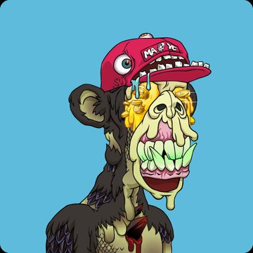 A cartoonish NFT illustration of a grotesque monkey wearing a red cap that says 'MAFIA', crying yellow liquid with bulging eyes.