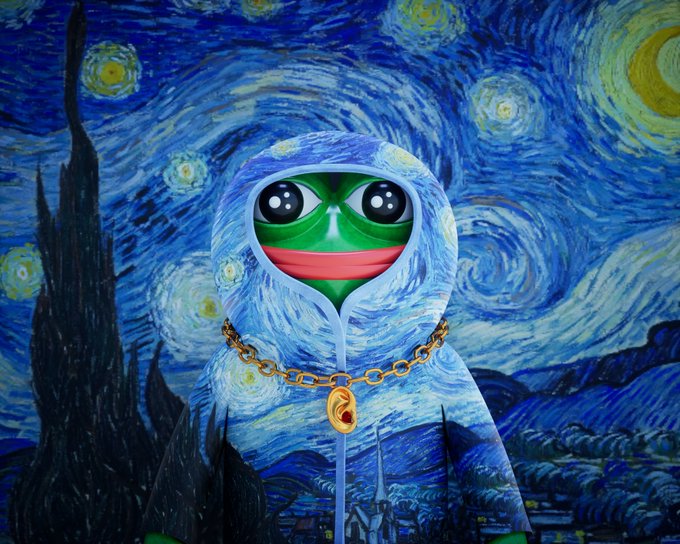 A Pepe the Frog character wearing a hooded jacket with a gold chain stands against a swirling Van Gogh "Starry Night" background.

The image blends the iconic Pepe meme aesthetic with classic art imagery, fitting the NFT collection promotion that mentions "TrustUsNFT," accessory work, and mint day countdown in the accompanying post.