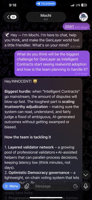 A screenshot of a Telegram chat with 'Mochi bot' discussing GenLayer's Intelligent Contracts, specifically mentioning challenges like scaling adjudication, with visible text about a 'Layered validator network' and 'Optimistic Democracy governance.'