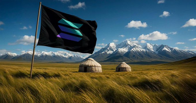A black flag with the Solana cryptocurrency logo waves over a grassy plain featuring two traditional yurts, with snow-capped mountains in the distance.