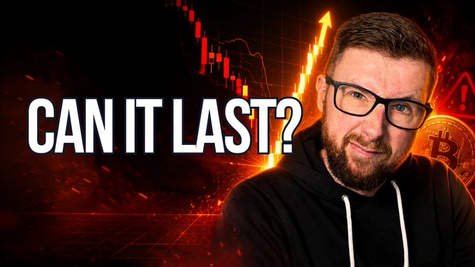 A YouTube thumbnail-style image featuring a bearded man with glasses in a black hoodie, with the text 'CAN IT LAST?' and a Bitcoin chart with an upward arrow in the background.