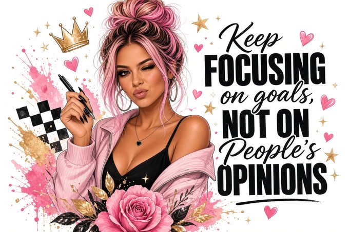 A motivational graphic featuring a stylized illustration of a woman with pink hair holding a pen, with the quote 'Keep FOCUSING on goals, NOT ON People's OPINIONS' decorated with hearts, stars, and flowers.