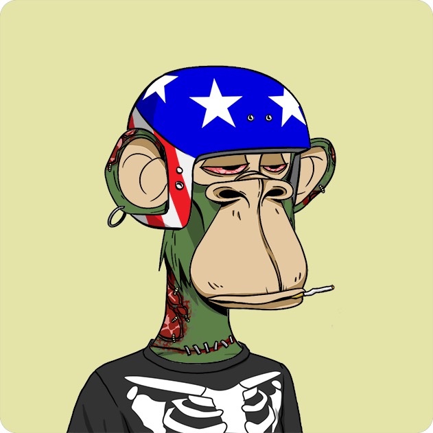 An NFT-style digital illustration shows a bored-looking monkey wearing a red, white, and blue stars-and-stripes helmet, smoking a cigarette, and sporting a skull t-shirt.