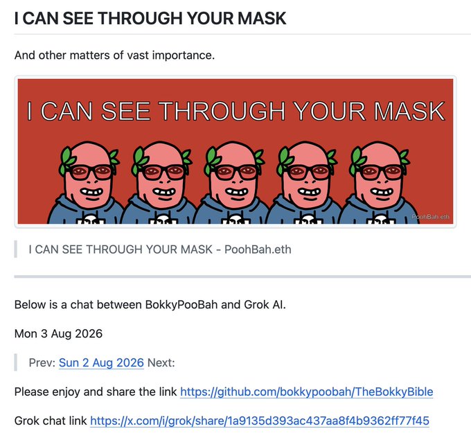 A webpage titled 'I CAN SEE THROUGH YOUR MASK' featuring a red banner with five identical cartoon figures of a pink-faced person with green leaves and sunglasses, followed by text about a chat between BokkyPooBah and Grok AI dated Mon 3 Aug 2026.