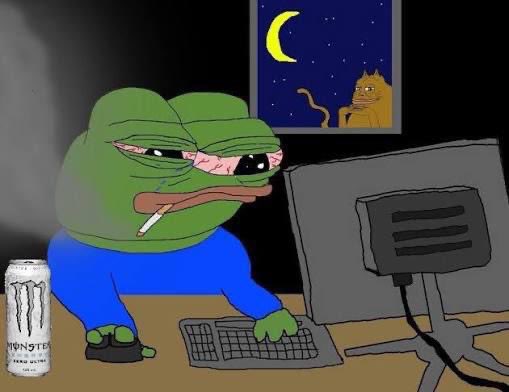 The image shows the "sad Pepe" meme with bloodshot eyes smoking a cigarette while staring at a computer monitor at night, with a can of Monster energy drink on the desk. The cat watching through the window references the original "sad Pepe" comic strip. 

The image humorously illustrates the post's frustration about cryptocurrency (likely BNB) price drops disrupting his peace of mind, depicting the exhausted, weary state of someone anxiously watching volatile charts late at night before deciding to delete trading apps or notifications.
