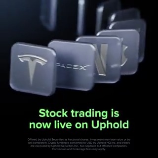 The image displays 3D-rendered, semi-transparent square tiles featuring logos of major companies—Tesla and SpaceX are clearly visible—against a dark background, promoting Uphold's new stock trading service. Bold green and white text reads "Stock trading is now live on Uphold," with a disclaimer noting investments carry risk and that SpaceX shares are offered as fractional securities via Uphold Securities Inc.