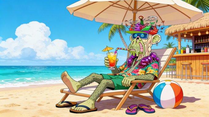The image features a cartoon character sitting on a beach chair under an umbrella while holding a drink, possibly a cocktail or a fruity beverage. The scene also includes a beach ball nearby and a palm tree in the background. The image seems to be related to Bitcoin, as it is accompanied by a post that discusses the threats posed by quantum computers and how they can potentially impact Bitcoin mining.