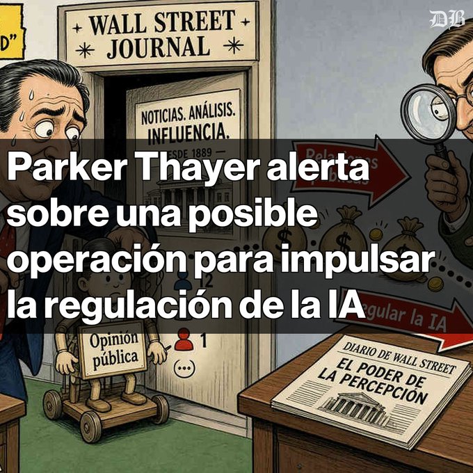 A cartoon illustration styled like the 'Wall Street Journal' with Spanish text overlaying it, stating 'Parker Thayer alerts about a possible operation to boost AI regulation' (translated: 'Parker Thayer alerta sobre una posible operación para impulsar la regulación de la IA').
