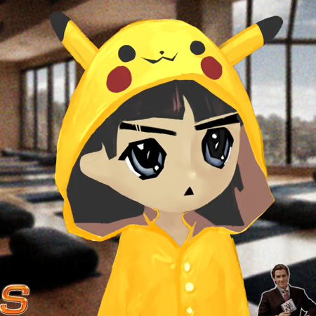 An animated character with large eyes wearing a yellow Pikachu hoodie, with a small image of a reporter in the bottom right corner and an 'S' logo.