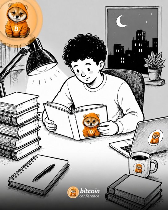 The black-and-white illustration depicts a person studying at a desk at night, illuminated by a desk lamp, with a book featuring the Bitcoin Conference mascot (an orange Shiba Inu in a Bitcoin hoodie), alongside stacked books, a laptop, a notebook, and a coffee mug, all bearing the same Bitcoin-dog character. The text "bitcoin conference" appears at the bottom center of the image, tying into the "$DOG Study" post by symbolizing dedicated learning or research about the Bitcoin-themed DOG mascot.