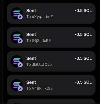 The image shows a mobile wallet transaction history displaying four successful "Sent" transactions, each for "-0.5 SOL" to different Solana wallet addresses (ending in rbuZ, 1xRE, fQvo, and k2r5), illustrating the repeated small SOL transfers referenced in the post's instructions for participating in the $BULLKING airdrop.
