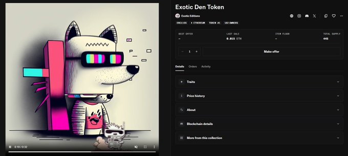 A cartoon raccoon NFT from the "Exotic Den Token" collection on Robinhood, featuring the "Exotic Editions" series (token #1) with a last sale price of 0.012 ETH and 24-hour volume of 448, aligning with the teaser for @OranguNation's new NFT project.