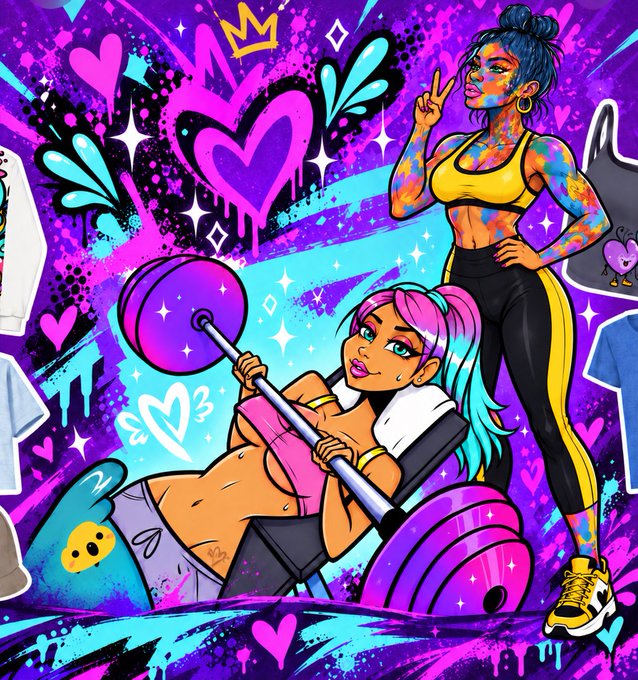 A vibrant graffiti-style illustration featuring two colorful women, one lifting a barbell and another with blue hair making a peace sign, surrounded by hearts, butterflies, and splashes of pink and purple.
