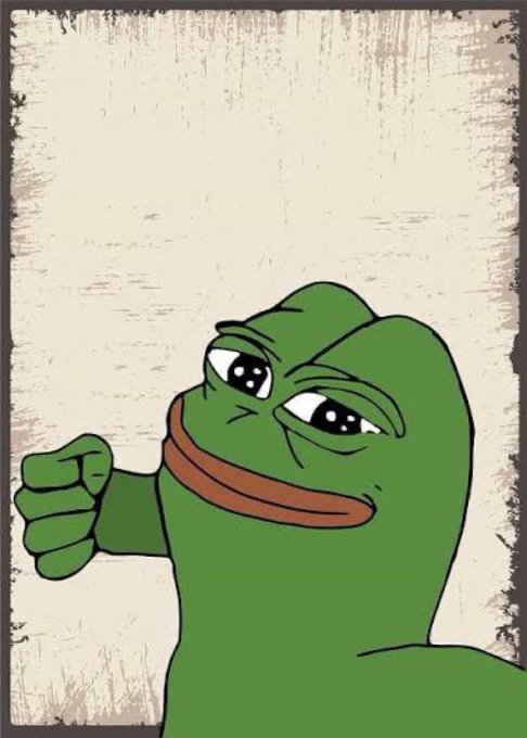 A cartoon illustration of Pepe the Frog with a smug expression, giving a thumbs-up against a textured beige background.