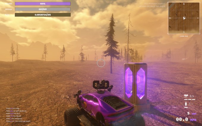 A video game screenshot showing a purple vehicle near a glowing crystal pillar in a desert landscape, with HUD elements displaying 'Health 100%', 'Armor 661/661', and a speed of 00.0 MPH.