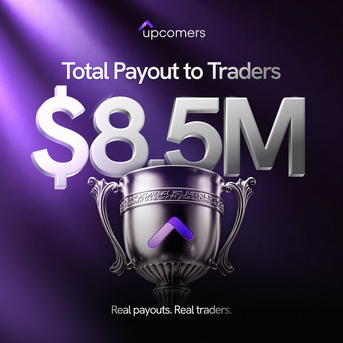 A promotional graphic from Upcomers featuring a silver trophy with a purple up-arrow logo against a deep purple background, highlighting "$8.5M Total Payout to Traders" with the tagline "Real payouts. Real traders." The image visually celebrates the company's milestone of distributing over $8.5 million in payouts to its traders.