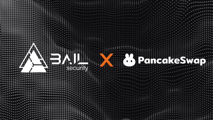 The image displays a partnership announcement featuring the Bail Security and PancakeSwap logos separated by an orange "X" on a dark, dotted background, visually representing the collaboration mentioned in the post where Bail Security has audited PancakeSwap's Shared Inventory Hook.