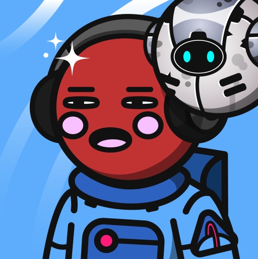 An illustration of a red-skinned astronaut character wearing a blue spacesuit alongside a silver robot companion against a blue background.
