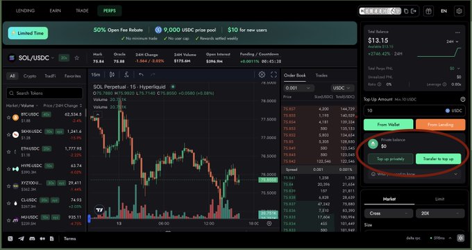 The image displays a cryptocurrency trading interface on Hyperliquid featuring the SOL/USDC perpetual futures market, with a price chart showing SOL trading around $75.88 and an order book panel on the right. The image relates to the announcement by showcasing the Hyperliquid trading platform where users can already trade, as the post promotes the upcoming RHEA Perp Confidential Deposit feature launching July 15, 2026.