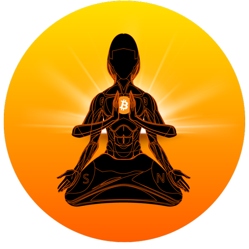A meditating figure with a Bitcoin symbol on their chest against a sunburst orange background.