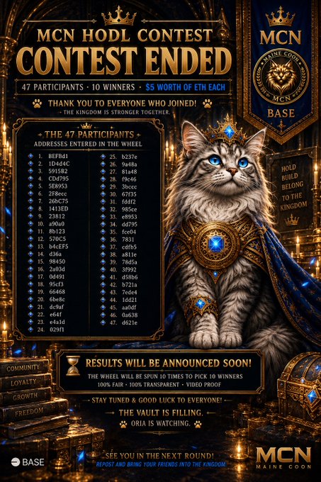 A 'CONTEST ENDED' announcement graphic for the 'MCN HODL CONTEST' on the Base chain, displaying a list of 47 participant addresses alongside a regal cat in royal attire.