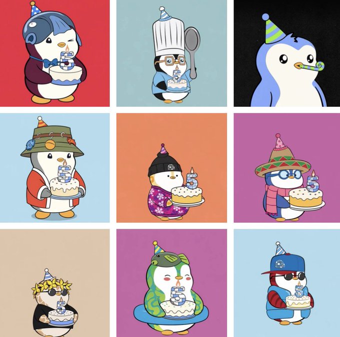 A 3x3 grid of cartoon penguins wearing various hats and outfits, each holding a birthday cake with the number 5 on it.