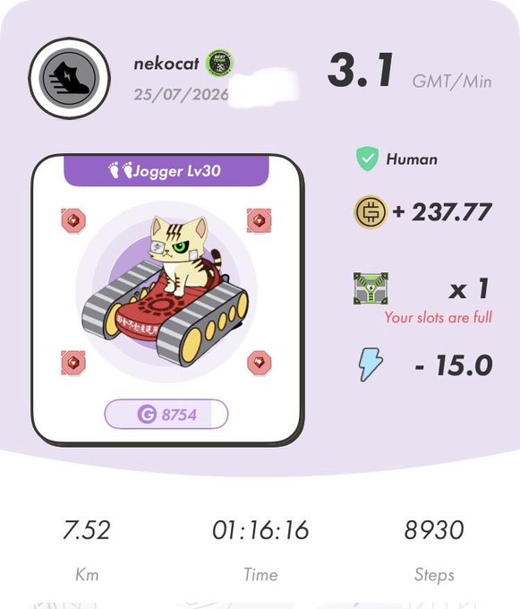A fitness app screenshot for user 'nekocat' dated 25/07/2026 showing a 'Jogger Lv30' cat character, 7.52 Km run, 01:16:16 time, and 8930 steps.