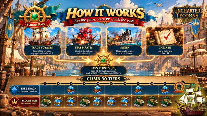 Promotional graphic for the mobile game 'Uncharted Tycoons' explaining 'How It Works' with sections like Trade Voyages, Beat Pirates, Sweep, and Check In, featuring a 30-tier climb.