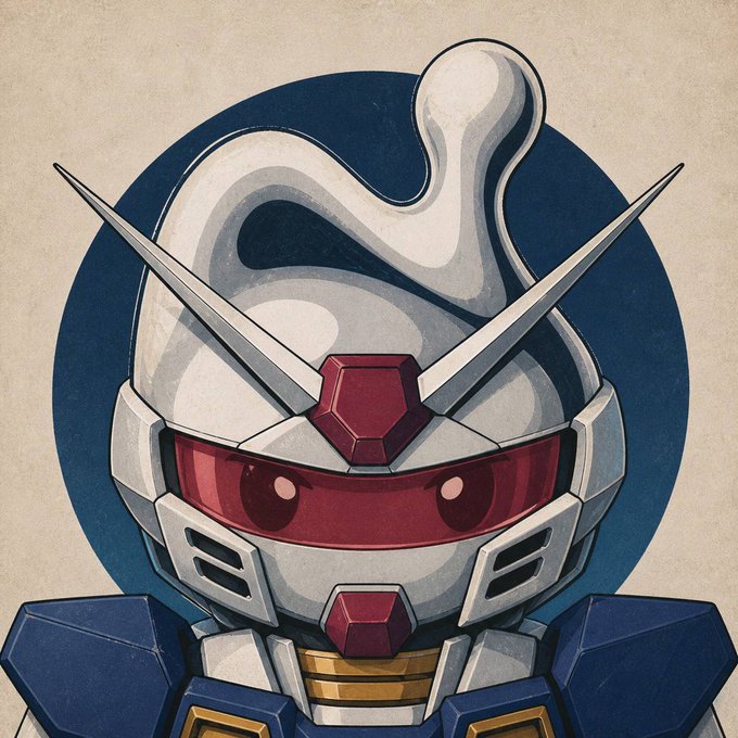 A chibi-style illustration of a Gundam-style mecha helmet with the signature V-fin antenna and red visor, set against a circular blue background. The stylized, toy-like artwork fits the celebratory post from 0xNTRPY, suggesting it serves as an honorary graphic representing an exciting new phase or milestone for the project.