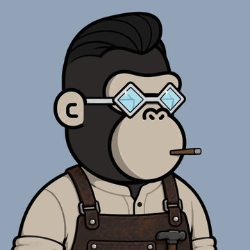 The image features a cartoon character wearing an apron with a brown leather bib over his shoulders. The character has a beard and is holding a cigarette in one hand while wearing glasses that have blue diamonds, giving him a unique appearance. The background of the image is a solid color, which helps to draw attention to the character and his attire. The post suggests that this character might be an AI-generated avatar or a character created for a game or other digital media, as it has been described as "inspired by NPCs" and "reimagined as Apes".