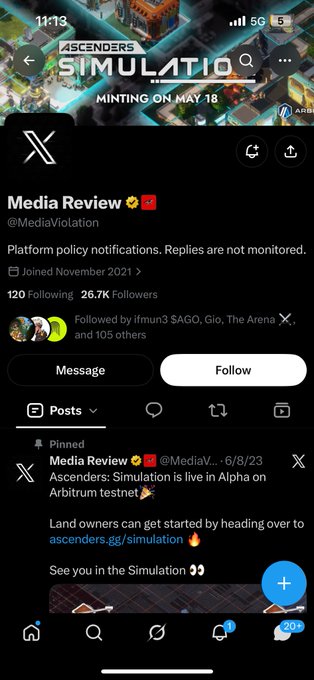 A screenshot of an X (formerly Twitter) profile for 'Media Review' (@MediaViolation) featuring a pinned post about the game 'Ascenders: Simulation' going live in Alpha on Arbitrum testnet, with mining starting May 18.