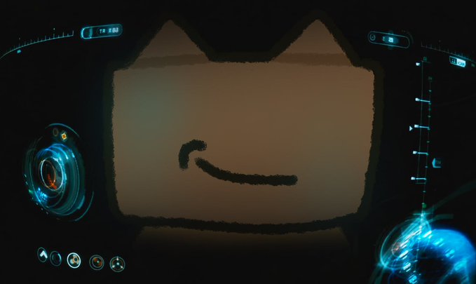 A dark scene with a simple black smiley face drawn on a tan, square piece of paper or card, surrounded by glowing blue futuristic interface elements and circular HUD components.