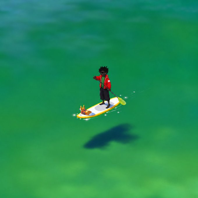 An anime-style illustration of a dark-haired character in a red jacket standing on a small surfboard-like vessel over green water, accompanied by a small orange creature.