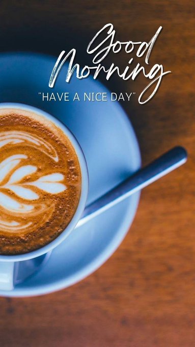 A top-down view of a latte with beautiful leaf-patterned foam art sits in a white cup on a wooden table, with the text "Good Morning - HAVE A NICE DAY" written in elegant white script across the top. The image pairs with the motivational message to symbolize a fresh start and mindful moment, reinforcing the post's theme of embracing each new day as an opportunity for growth and intentional movement.