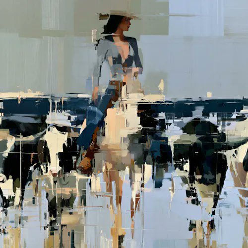 An impressionistic painting featuring a figure wearing a sun hat, rendered with loose brushstrokes and a muted color palette of blues, creams, and dark grays.