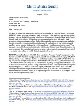 A screenshot of an official United States Senate letter dated August 5, 2024, from Senator Chris Van Hollen addressed to SEC Chair Paul Atkins, urging an investigation into the $TRUMP meme coin, which allegedly allowed the Trump family to pocket hundreds of millions while retail investors lost $3.8 billion.