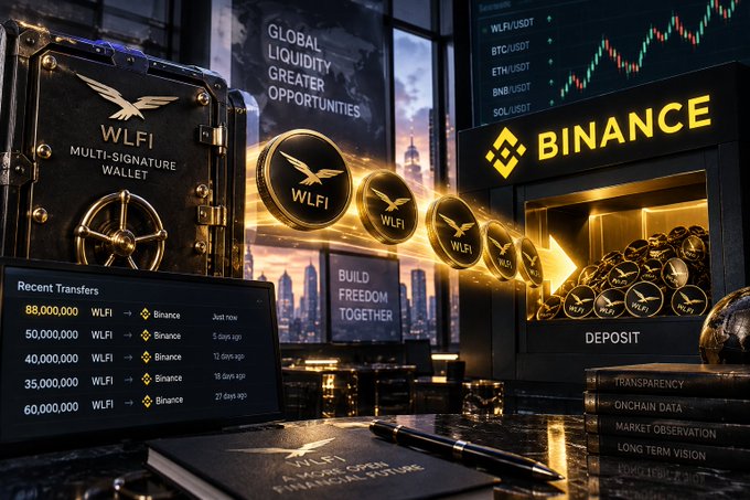 A promotional graphic depicting WLFI (World Liberty Financial) tokens flowing from a vault to Binance, with recent transfer amounts listed and slogans like 'BUILD FREEDOM TOGETHER' and 'GLOBAL LIQUIDITY, GREATER OPPORTUNITIES'.