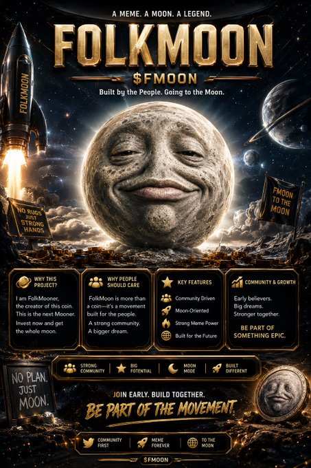 A promotional poster for the $FMOON ("FolkMoon") meme coin, featuring the classic smug-faced "Moon" meme superimposed over a rocket launch with planets in the background, alongside taglines like "Built by the People. Going to the Moon," "No Rugs. Just Strong Hands," and sections highlighting community, moon-orientation, and "Be Part of Something Epic," with a pump.fun link at the bottom matching the post's call to join the early movement toward the moon.
