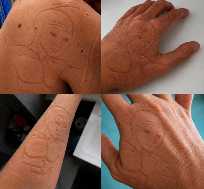 A four-panel image showing a unique red-ink tattoo of a Kewpie doll on different body parts: a shoulder, a hand, an arm, and the back of a hand.