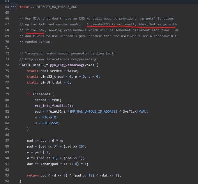 A screenshot of C code showing the `pyb_rng_yasmarang` pseudo-random number generator function from MicroPython, which seeds itself using the STM32's unique ID address, RTC TR/SSR registers, and SysTick value. The image supports the post's claim by revealing that the wallet's random number generation relies on a predictable, poorly-seeded pseudo-RNG rather than a hardware RNG—making it insecure for cryptographic use.