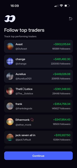 A mobile app screenshot displaying a "Follow top traders" leaderboard with usernames like Avast (@OxAvast, +$902,015.64), change (@change, +$481,492.30), and Aurelius (@Aurelius0121, +$449,026.06), with a blue "Continue" button at the bottom.